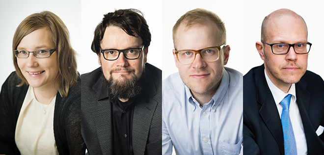 Headshots of professors Kaisa Kotakorpi, Tuomas Kosonen, Jarkko Harju and Jukka Pirttilä